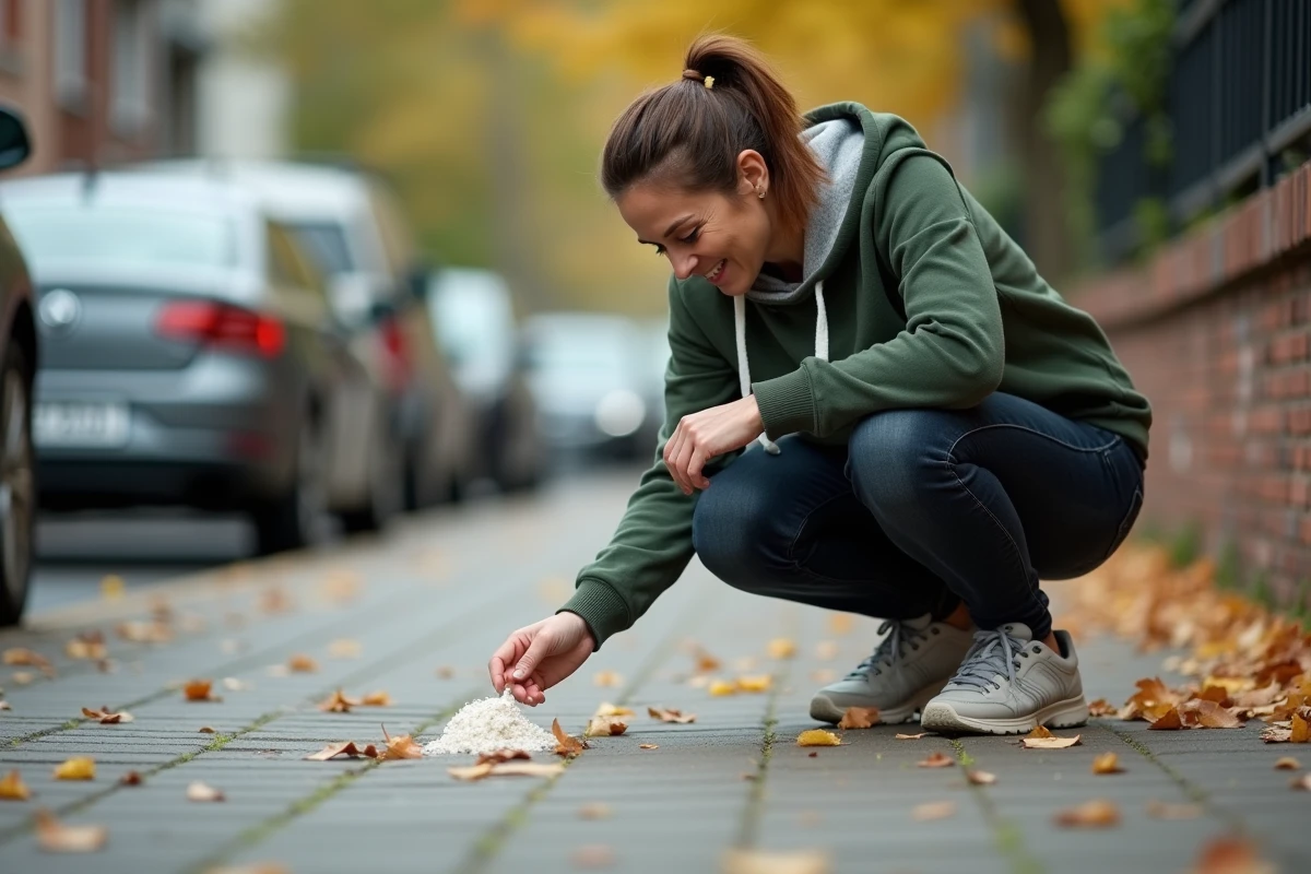 Propriétaire de chien inspectant des crottes blanches et calcaires sur le trottoir lors d'une promenade