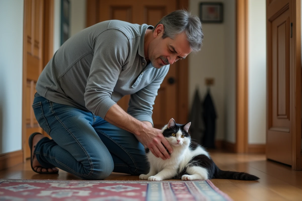 Propriétaire inspectant une plaie irritée sur la patte de son chat noir et blanc à la maison avec une expression inquiète