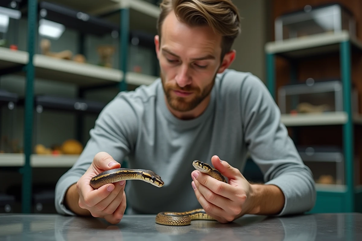 Passionné de reptiles évaluant la taille correcte d'une proie pour nourrir son serpent des blés juvénile