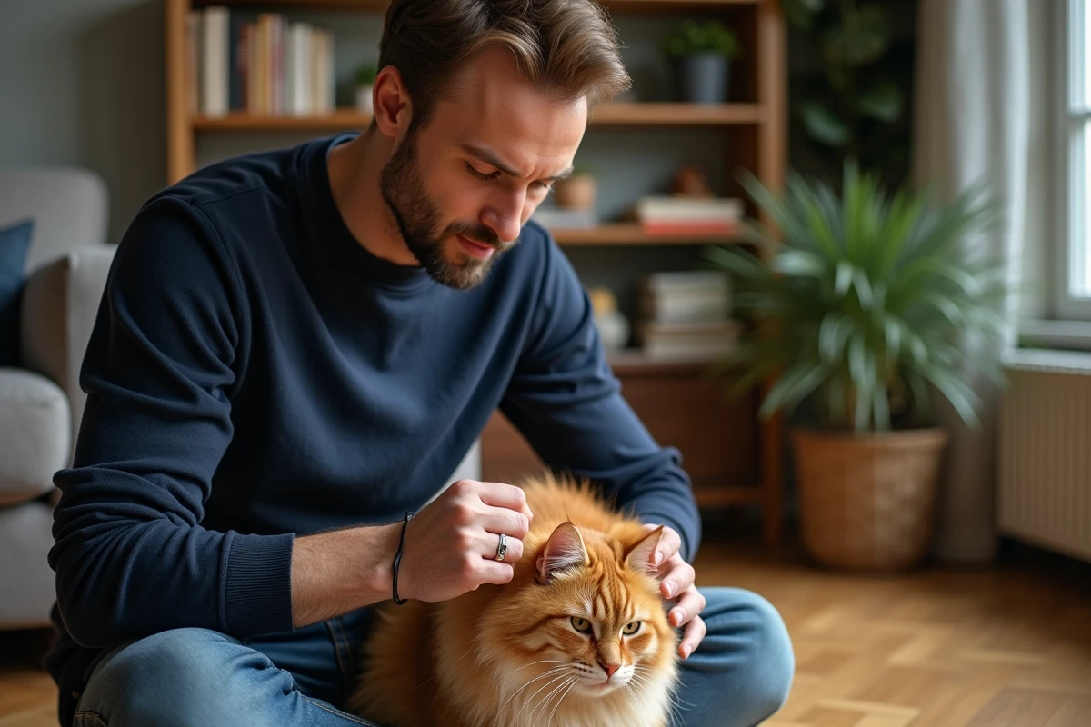 Propriétaire vérifiant la puce électronique de son chat roux à la maison dans un salon chaleureux