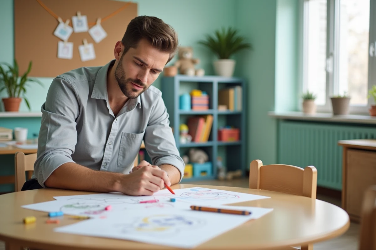 Psychologue observant des dessins d'enfant dans une salle de thérapie par le jeu pour identifier des signes de détresse
