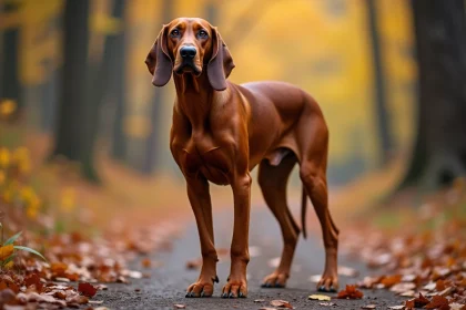 Redbone Coonhound de race pure en position d'alerte sur un sentier forestier en automne, montrant son pelage rouge acajou caractéristique et ses longues oreilles tombantes