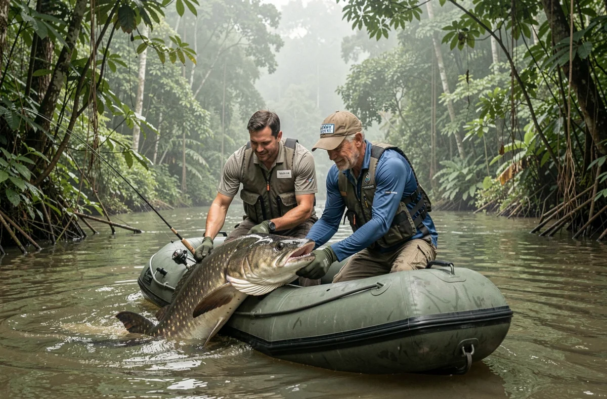 Deux pêcheurs relâchant un piraïba géant depuis un bateau gonflable en Amazonie, démontrant les techniques sécurisées de capture et remise à l'eau