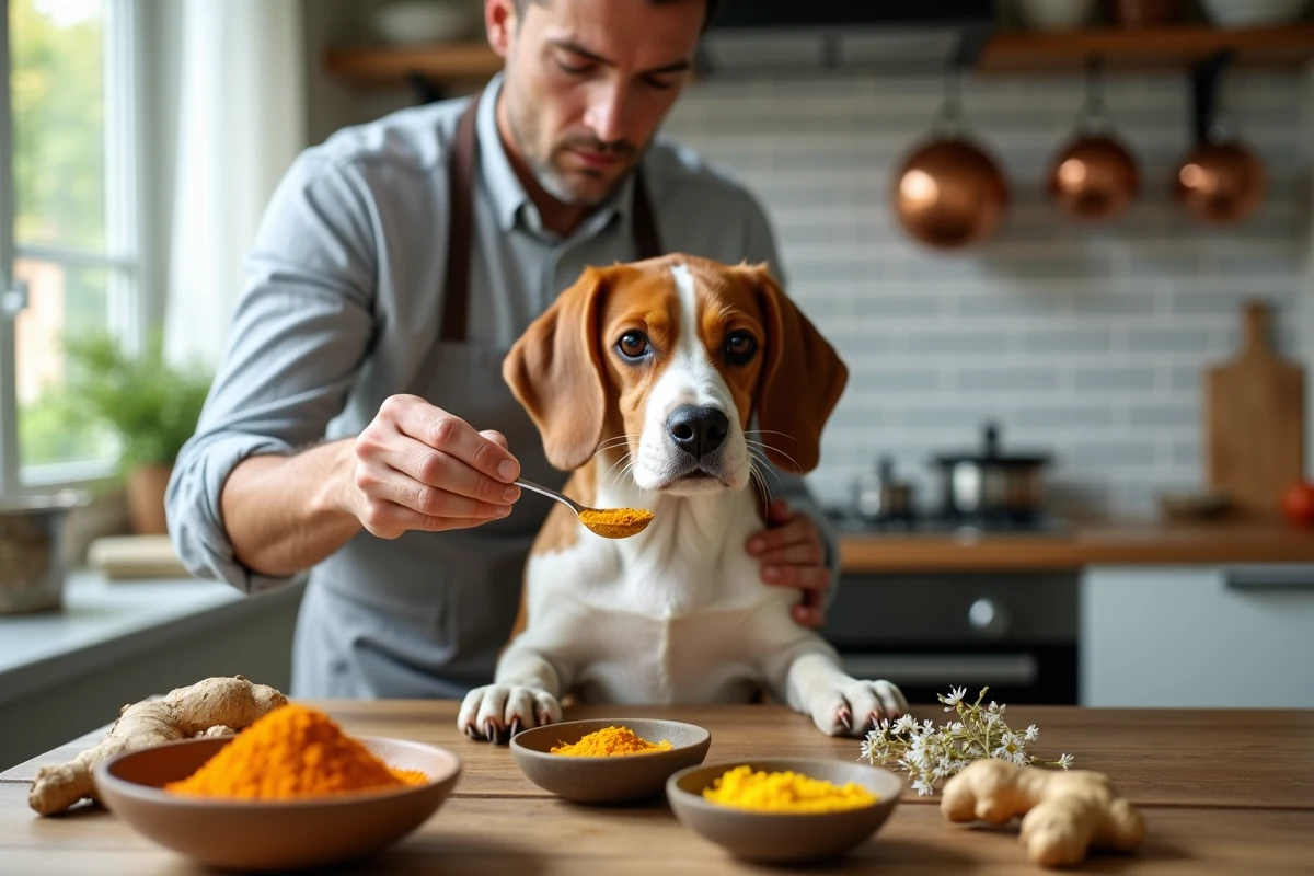 Chien beagle observant la préparation de remèdes naturels à base de curcuma et plantes pour soulager la douleur canine