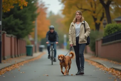 Propriétaire de chien responsable tenant sa laisse sur un trottoir après que son chien a failli provoquer un accident avec un cycliste