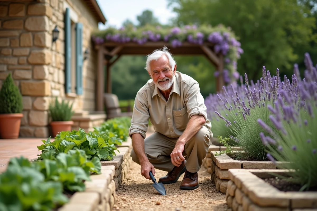 Retraité jardinant dans le potager d'un gîte provençal avec murs en pierre et lavande en arrière-plan