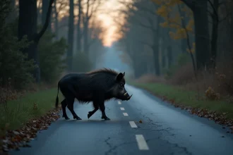 Sanglier surgissant de la forêt sur une route rurale au crépuscule, illustrant le risque de collision avec la faune sauvage