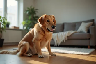Chien golden retriever stressé avec les oreilles aplaties et la queue entre les pattes sur un parquet d'appartement