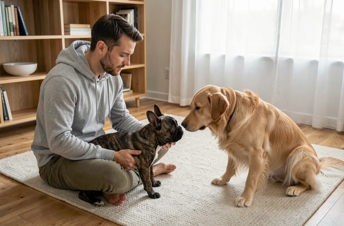 Homme facilitant la socialisation entre un bouledogue poil long et un autre chien en intérieur