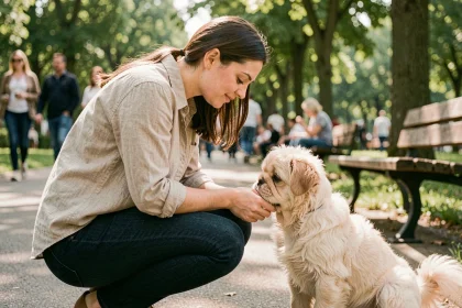 Jeune femme socialisant son bouledogue poil long en plein air dans un parc urbain