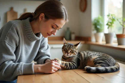 Femme soignant la patte de son chat à la maison avec un bandage en coton sur une table en bois