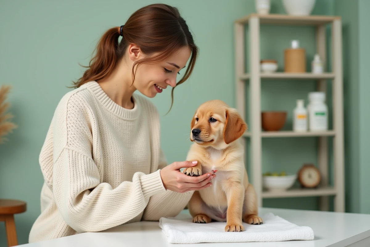 Femme appliquant un soin naturel sur la patte d'un chiot golden retriever anxieux
