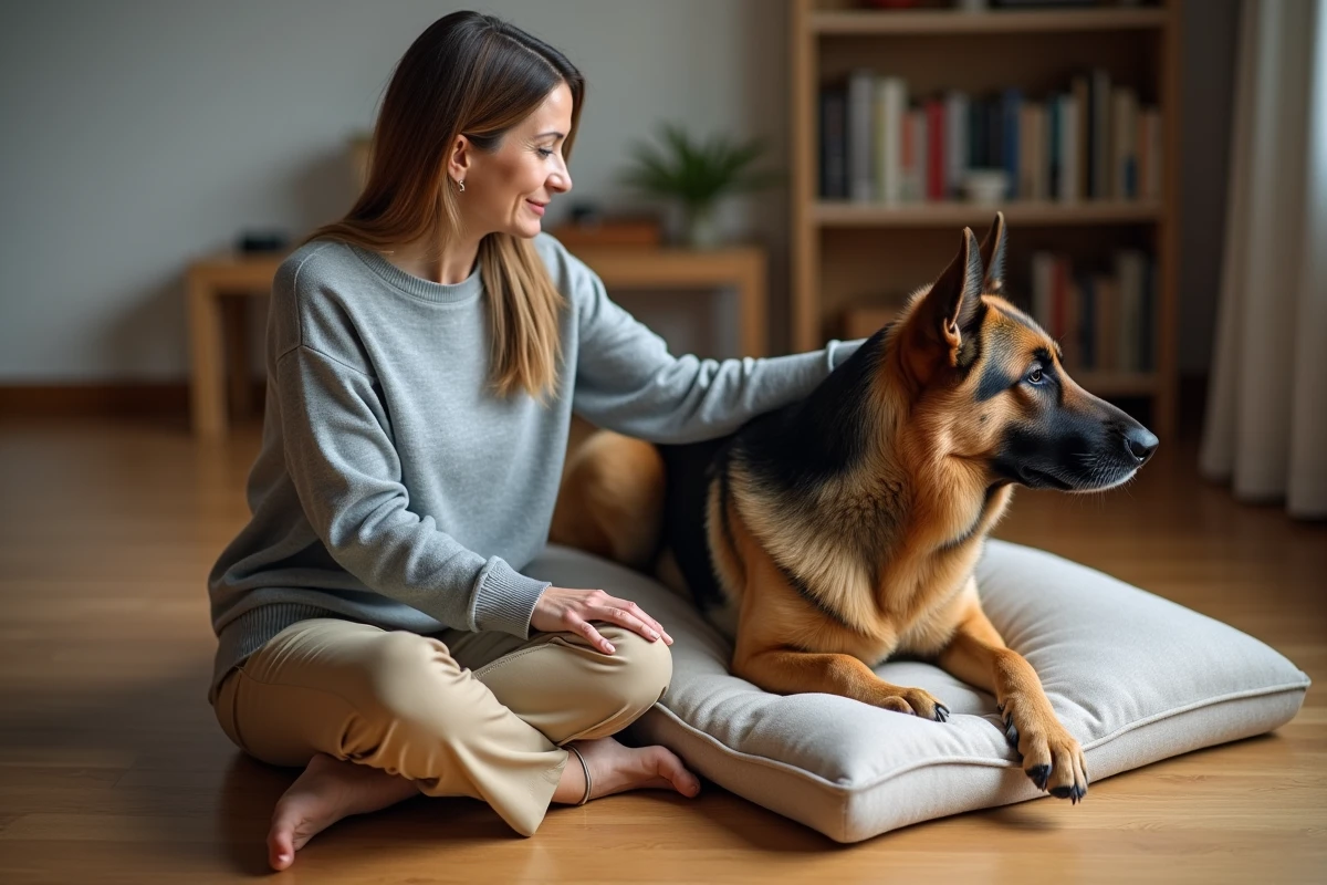 Femme prenant soin de son chien berger allemand atteint de fistules périanales à la maison
