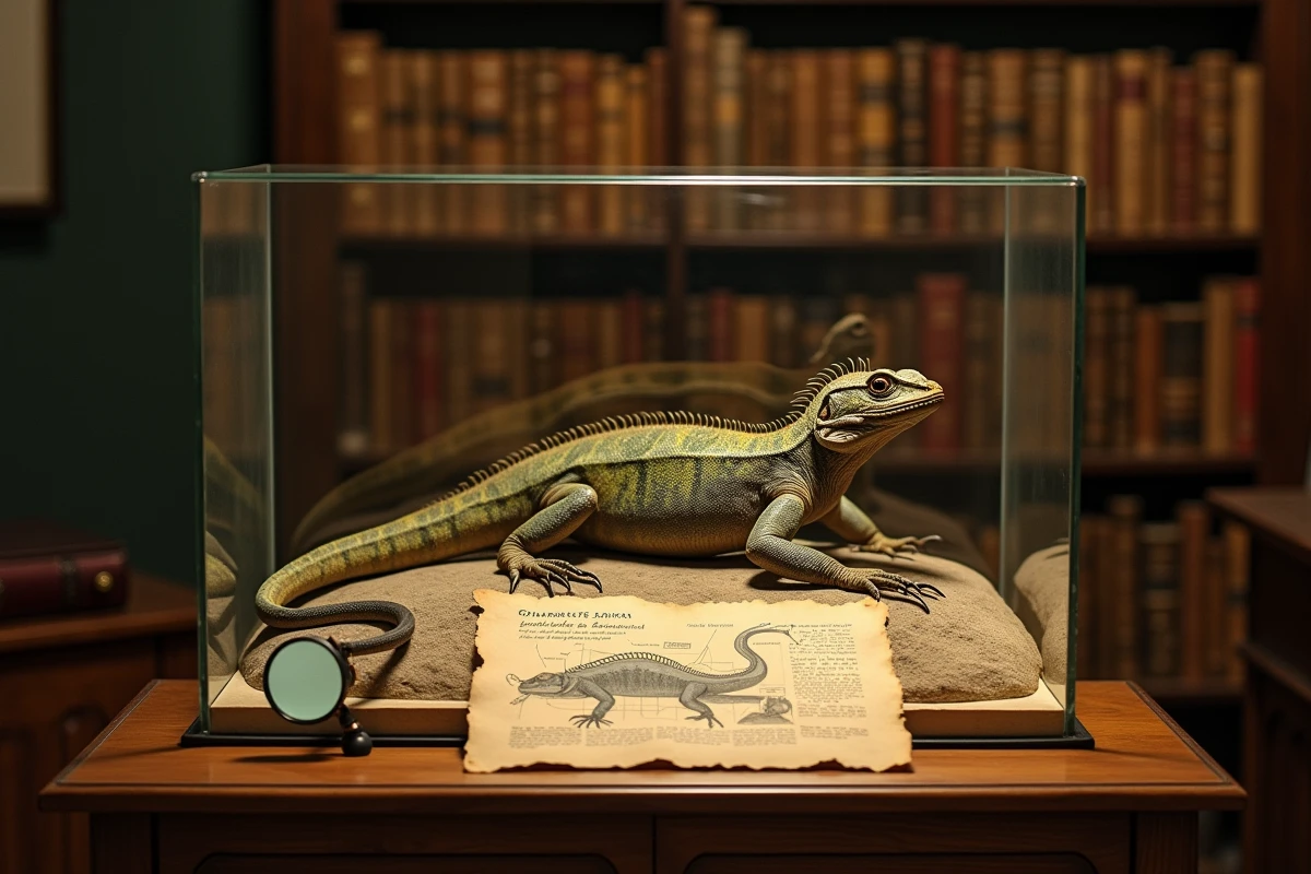 Spécimen de lézard basilic dans une vitrine de musée d'histoire naturelle, avec étiquette scientifique et illustration comparative du basilic mythologique