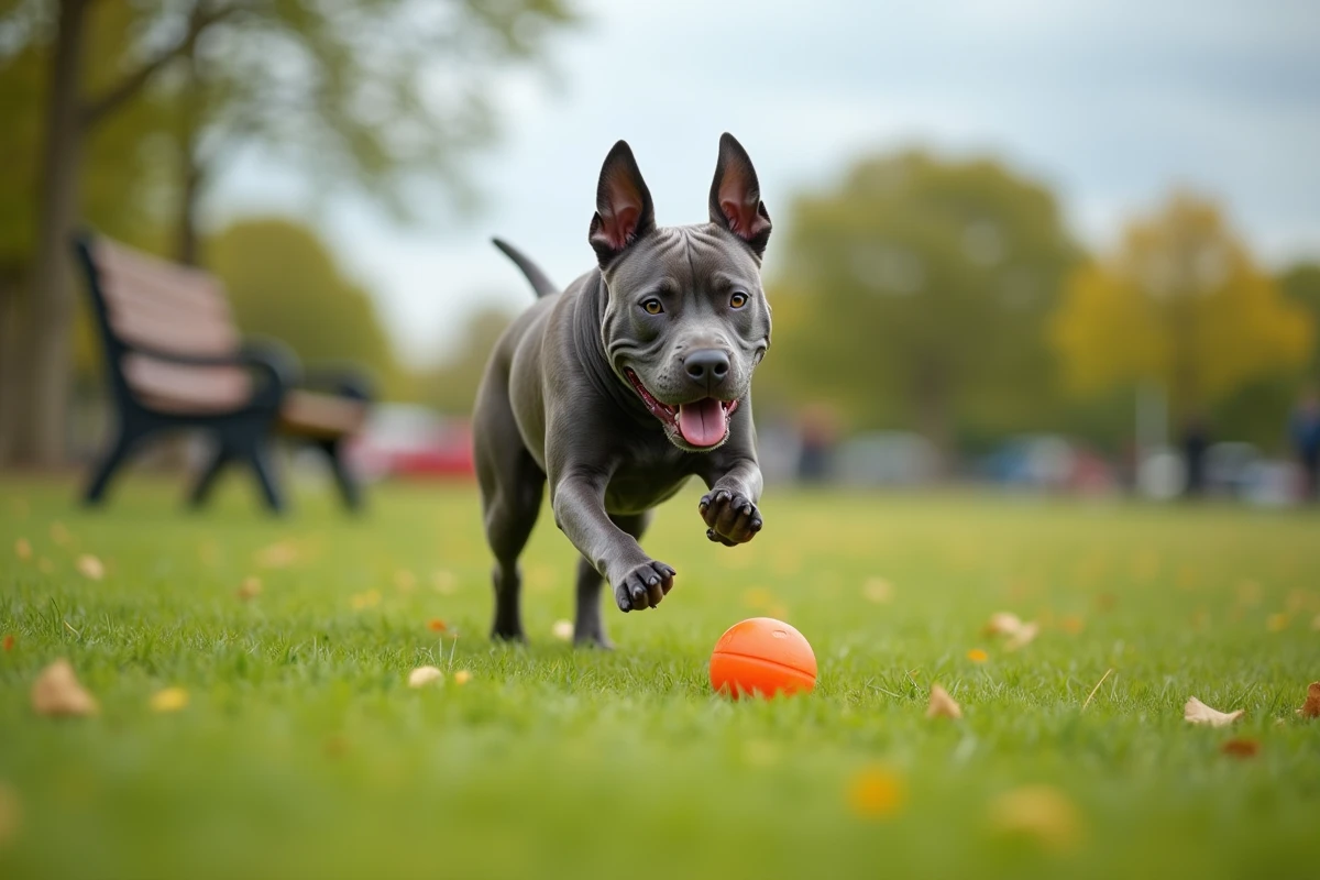 Staffie bleu adulte en plein exercice physique dans un parc, sautant pour attraper une balle en caoutchouc orange