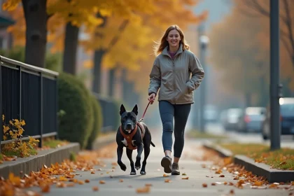 Staffie bleu adulte en promenade avec sa maîtresse sur un trottoir en automne, portant un harnais en cuir