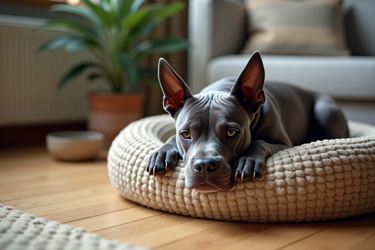 Staffie bleu adulte au repos sur son panier dans un salon chaleureux après une séance d'activité physique