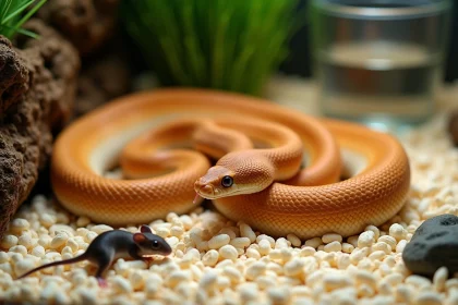 Serpent des blés en terrarium avec un rat de taille appropriée illustrant le ratio proie-prédateur recommandé