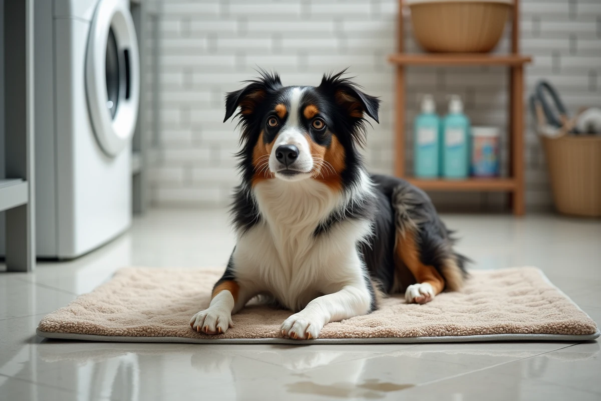 Border collie mouillé assis sur un tapis absorbant après un bain dans une buanderie domestique