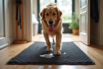 Golden retriever posant ses pattes humides sur un tapis absorbant antidérapant dans une entrée de maison moderne
