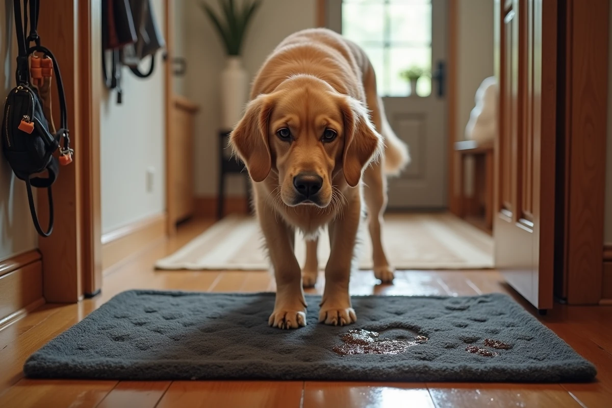 Chien golden retriever debout sur un tapis absorbant pour pattes à l'entrée d'une maison