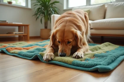 Grand chien golden retriever en train de fouiller un tapis de fouille XXL coloré en fleece posé sur un parquet en bois