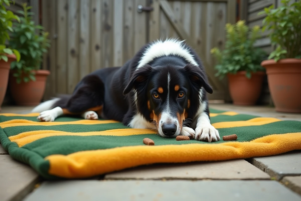 Grand chien de race border collie explorant un tapis de fouille XXL vert et jaune sur une terrasse en pierre extérieure
