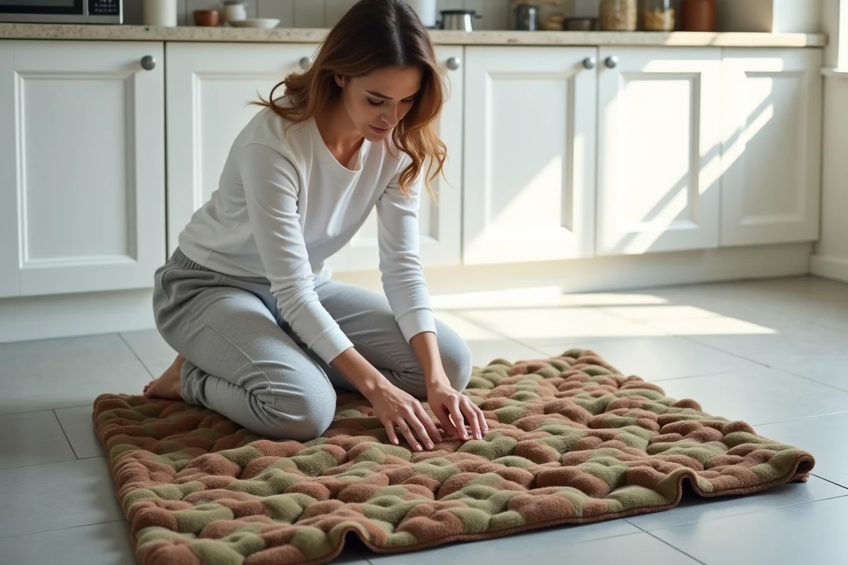 Femme cachant des friandises dans un grand tapis de fouille XXL pour chien sur le sol d'une cuisine moderne
