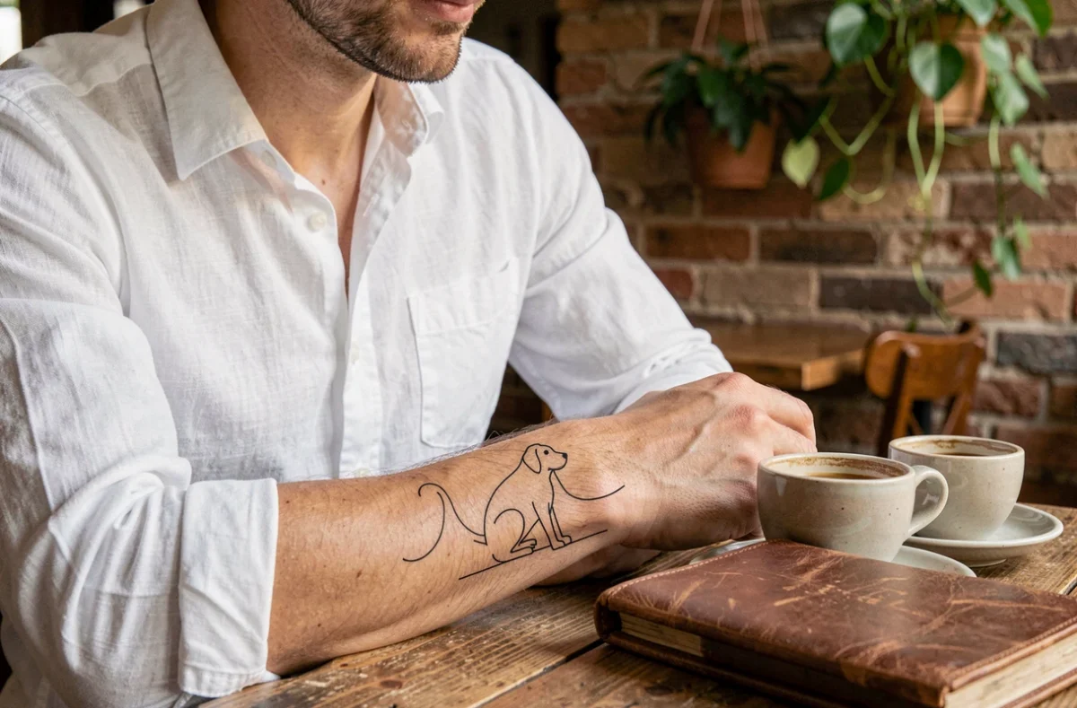 Homme montrant son tatouage chien minimaliste en ligne continue sur le poignet dans un café avec une ambiance lifestyle raffinée