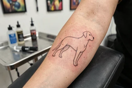 Tatouage minimaliste chien en ligne continue sur l'avant-bras d'une femme, réalisé dans un studio de tatouage moderne