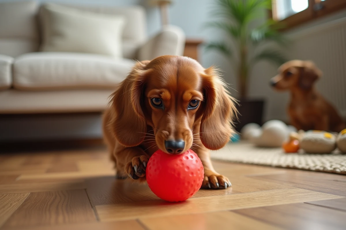 Teckel nain adulte jouant avec une balle rouge dans un salon cosy, en pleine posture de jeu sur un parquet en bois
