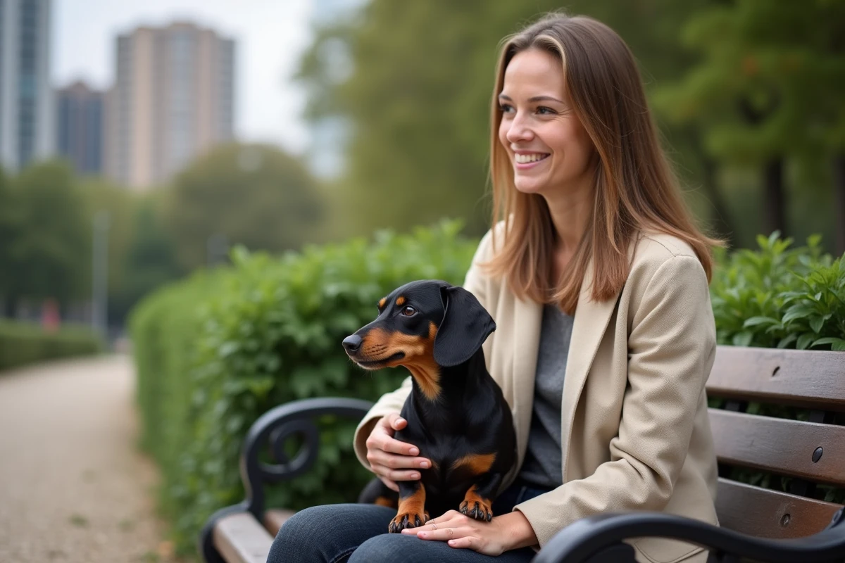Femme adulte et son teckel nain assis ensemble sur un banc de parc urbain lors d'une sortie dominicale ensoleillée