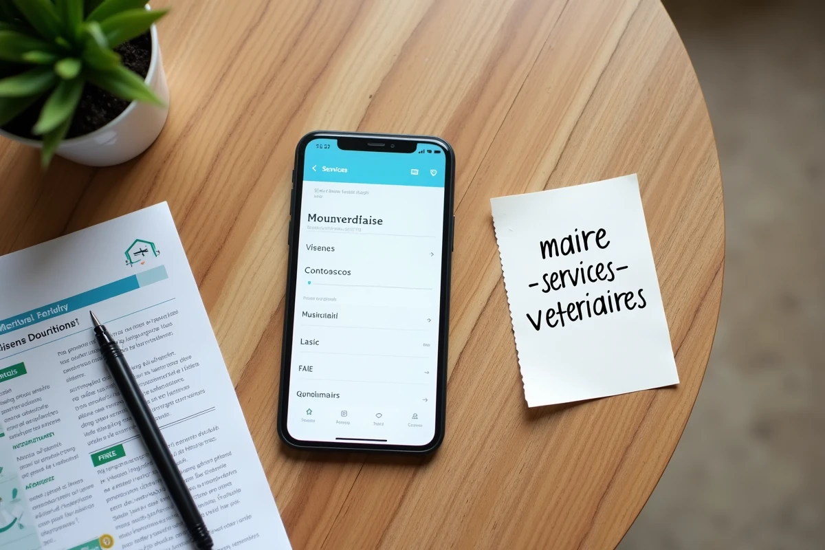 Table en bois avec smartphone affichant les services municipaux, note manuscrite et flyer pour signaler un animal mort trouvé