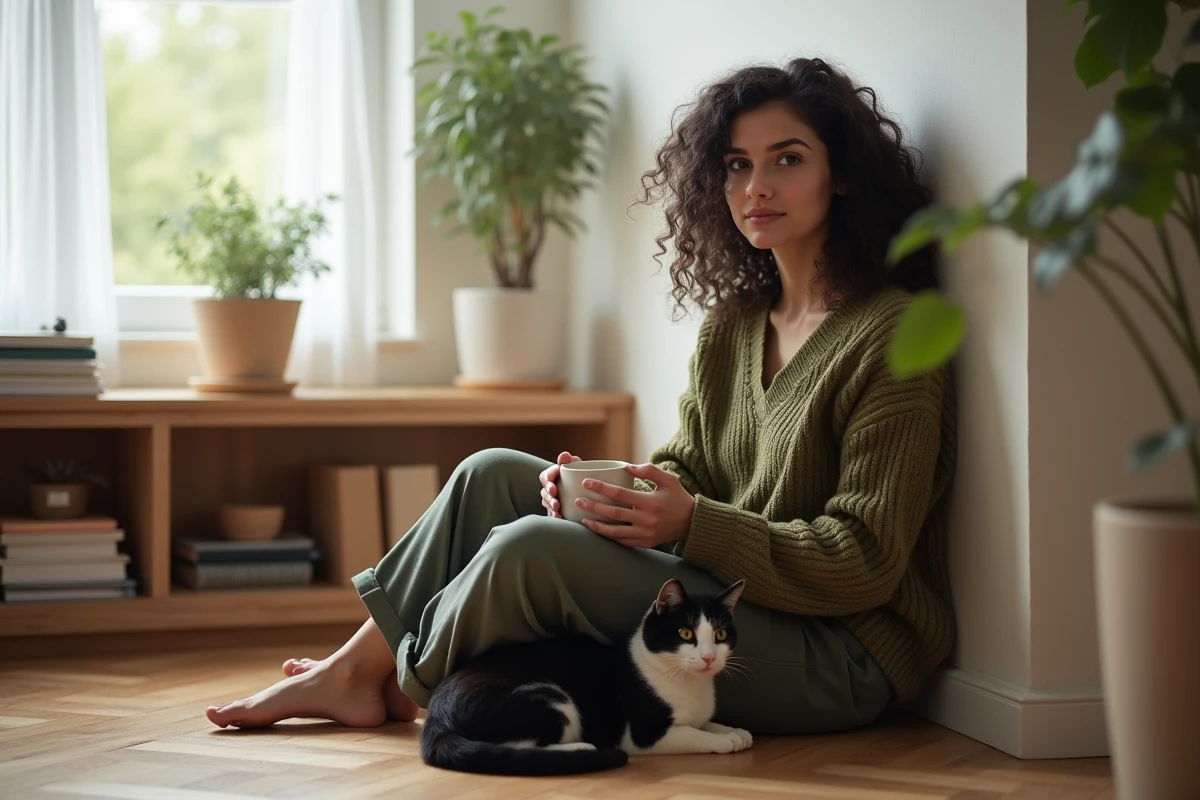 Jeune femme aux cheveux bouclés assise par terre avec un chat noir et blanc lors d'une séance de thérapie par chat, tenant une tasse de céramique