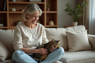 Femme d'une quarantaine d'années caressant un chat tigré posé sur ses genoux lors d'une séance de thérapie par chat dans un salon chaleureux