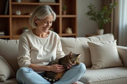 Femme d'une quarantaine d'années caressant un chat tigré posé sur ses genoux lors d'une séance de thérapie par chat dans un salon chaleureux
