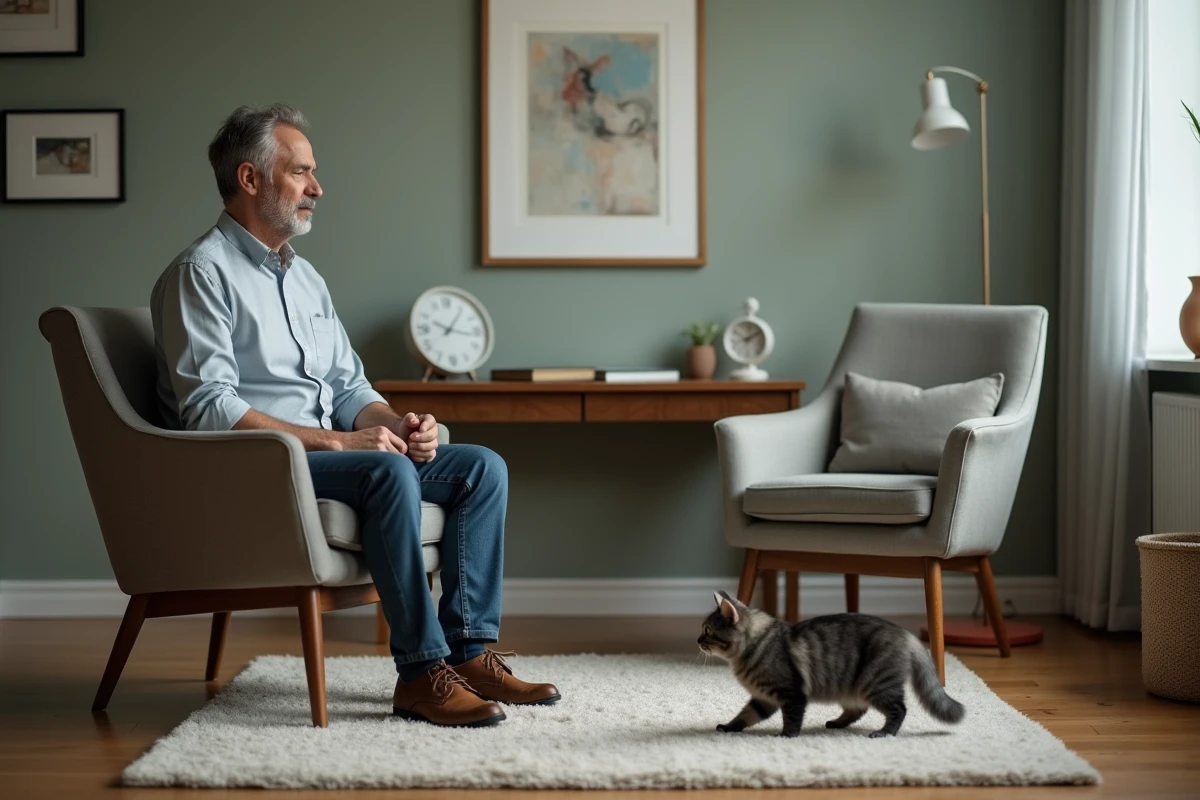Thérapeute masculin observant un chat gris se déplacer dans une salle de thérapie professionnelle avec une horloge visible en arrière-plan