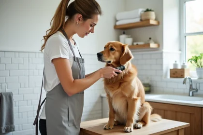 Femme toilettant son golden retriever à domicile avec une brosse sur une table de toilettage en bois dans une salle de bain
