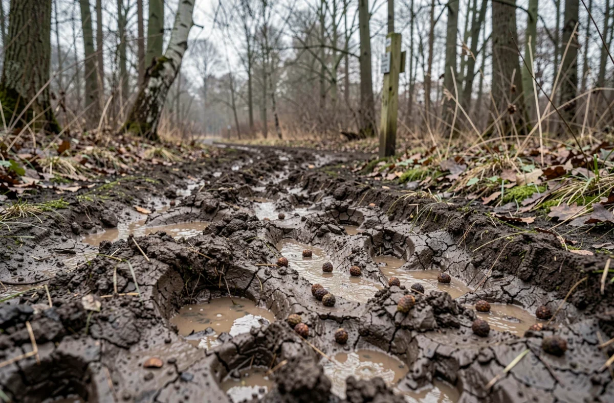 Traces de passage de sangliers sur un sentier boueux avec sol retourné et empreintes de sabots dans une forêt de feuillus