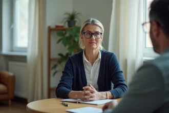 Travailleuse sociale attentive en entretien dans un bureau de conseil, illustrant la détection de signes de maltraitance