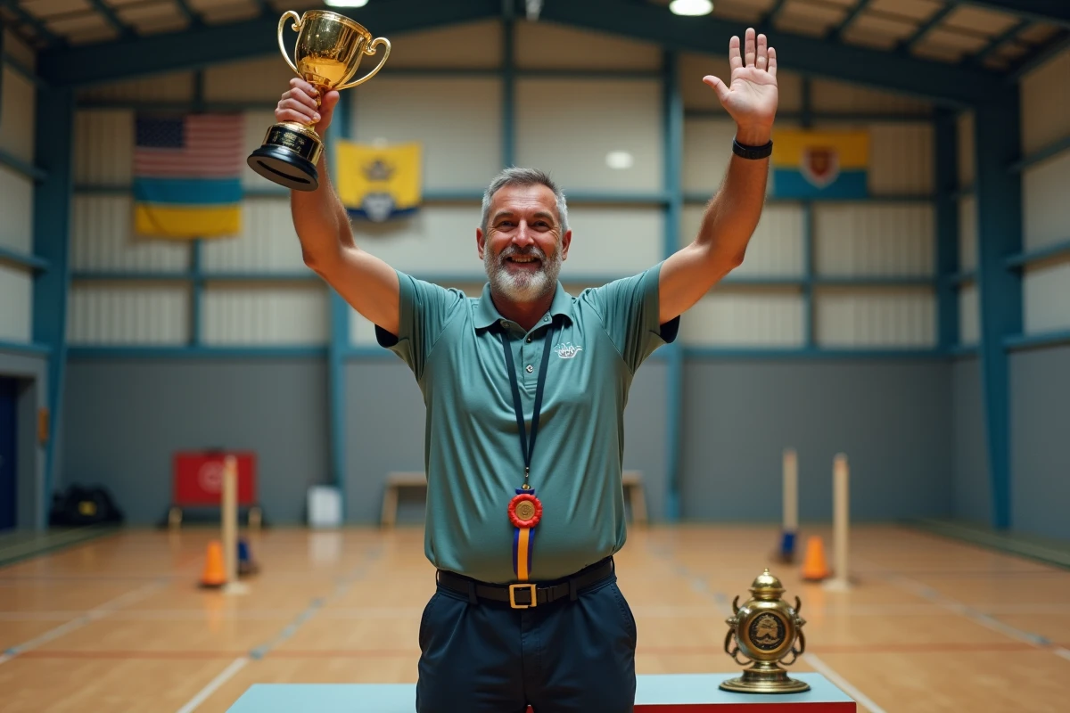 Vainqueur de l'Agility 2026 sur le podium tenant le trophée avec une expression de joie authentique