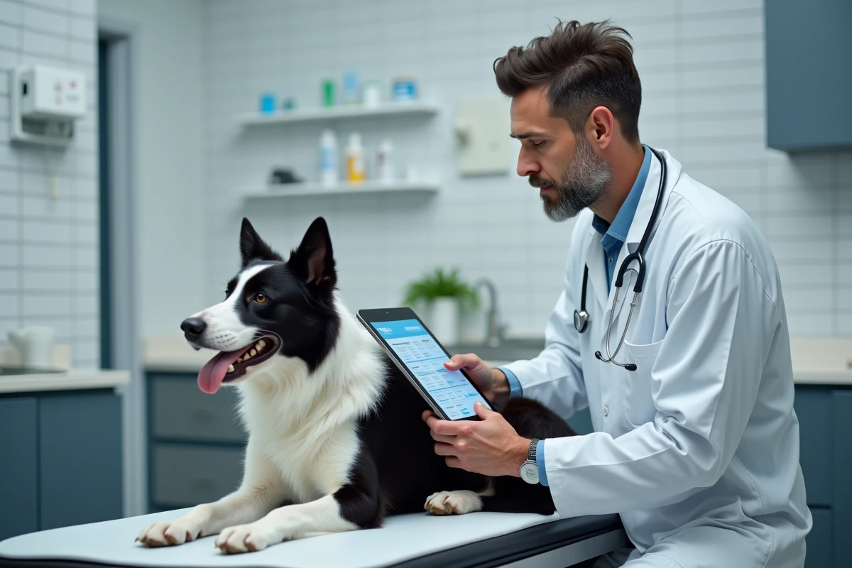 Vétérinaire comparant des offres d'assurance pour chien sur une tablette en clinique vétérinaire