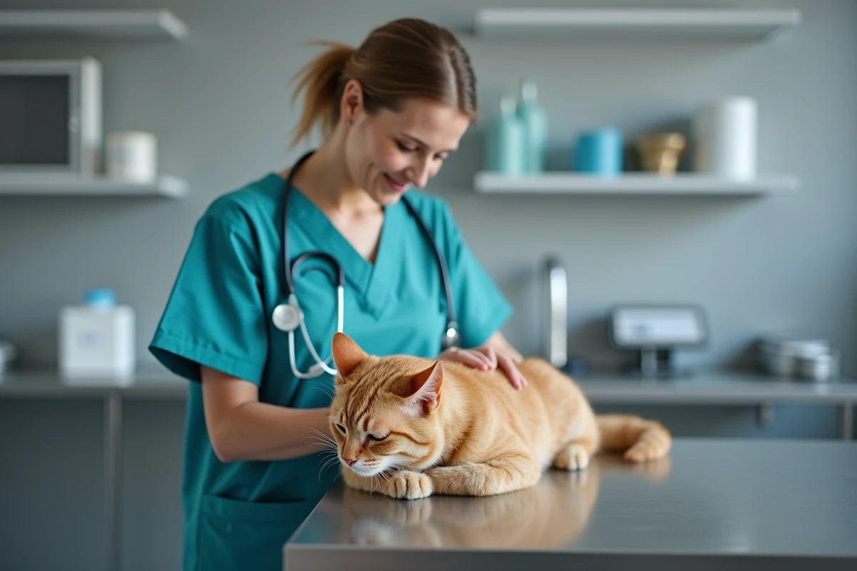 Vétérinaire tenant un chat roux détendu lors d'une consultation post-stérilisation