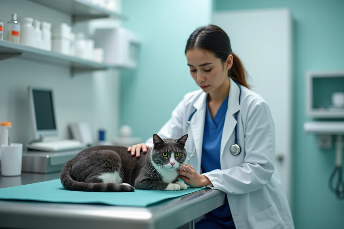 Vétérinaire examinant un chat gris stressé sur une table de consultation, diagnostic du comportement urinaire félin