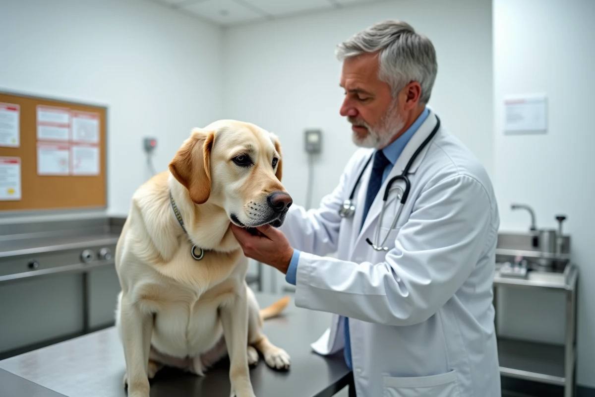 Vétérinaire examinant un labrador retriever âgé sur une table d'auscultation dans une clinique vétérinaire