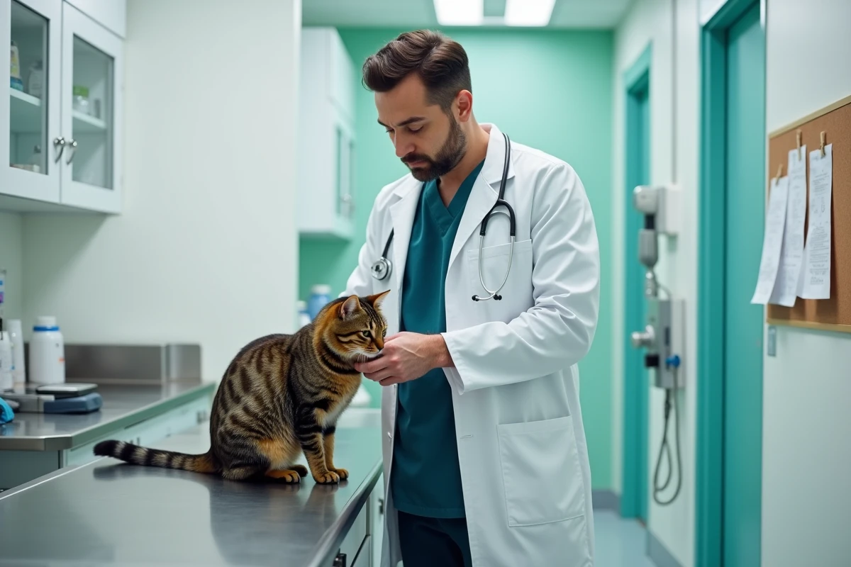 Vétérinaire examinant un chat tigré sur une table d'examen dans une clinique vétérinaire professionnelle