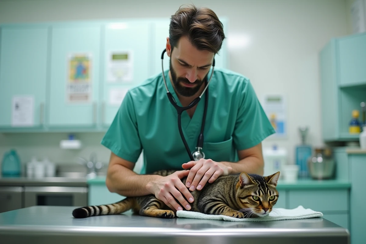 Vétérinaire examinant un chat tigré sur une table d'examen en clinique vétérinaire, dans le contexte d'une gastro-entérite féline et de la couverture par l'assurance animaux