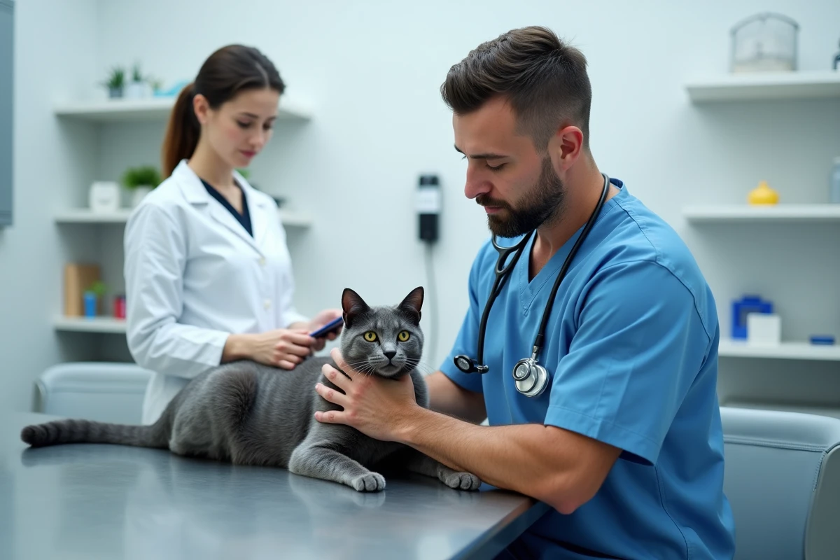 Vétérinaire examinant un chat gris lors d'une consultation clinique dans le cadre d'une assurance santé animale