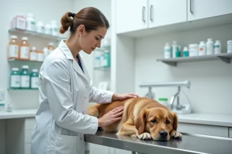 Vétérinaire examinant un golden retriever sur une table d'examen pour évaluer sa douleur et prescrire un anti-douleur adapté