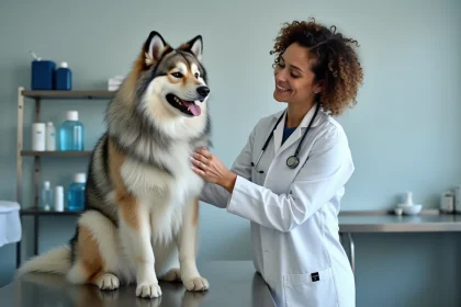 Vétérinaire examinant un chien Eurasier lors d'un bilan de santé pour dépistage héréditaire